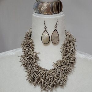 Cream and Brown Textural Necklace Set with Fringe Elements